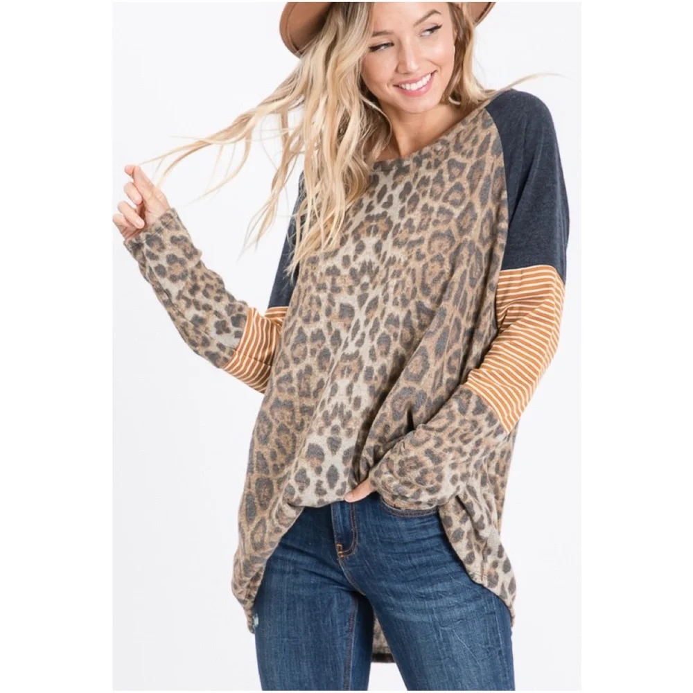 01 Leopard Print Striped Loose Fit Top - Picture 1 of 7